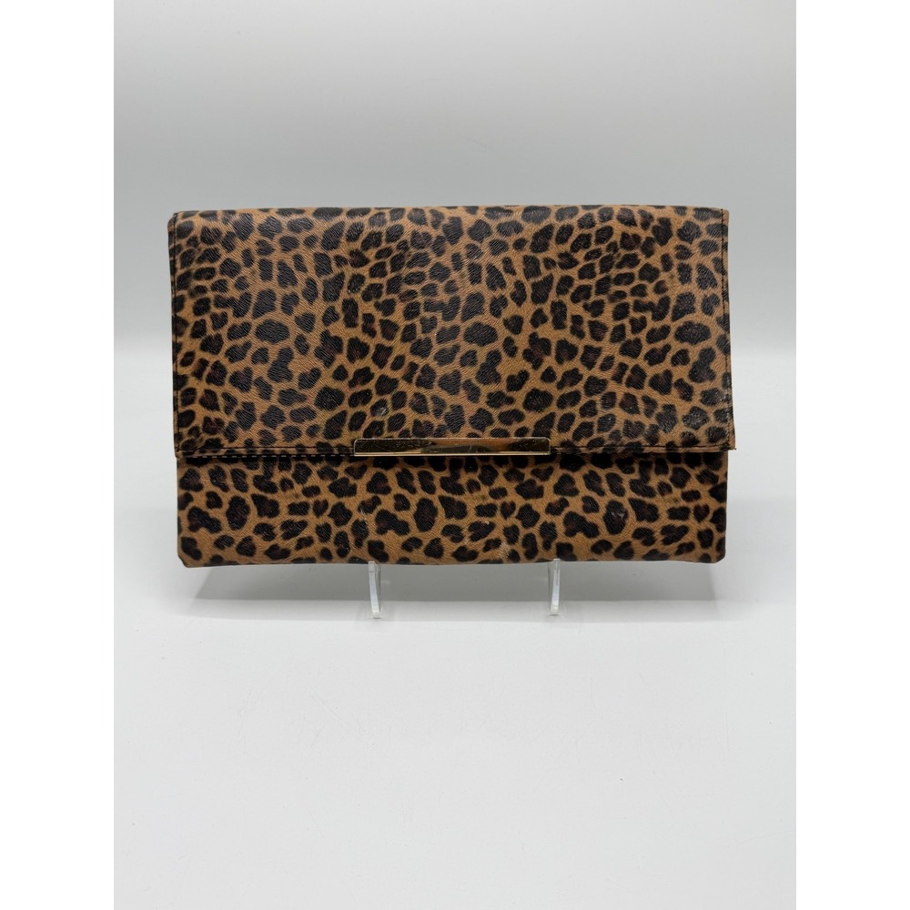 Leopard Print Foldover Clutch Bag‎ Striped Lining Gold Bar AS IS
